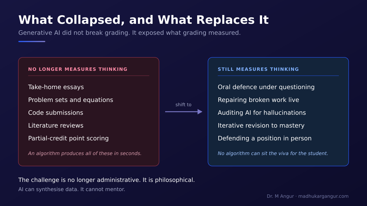 Comparison diagram showing traditional assessments defeated by generative AI, such as take-home essays and problem sets, against tech-immune alternatives like oral defence and live troubleshooting