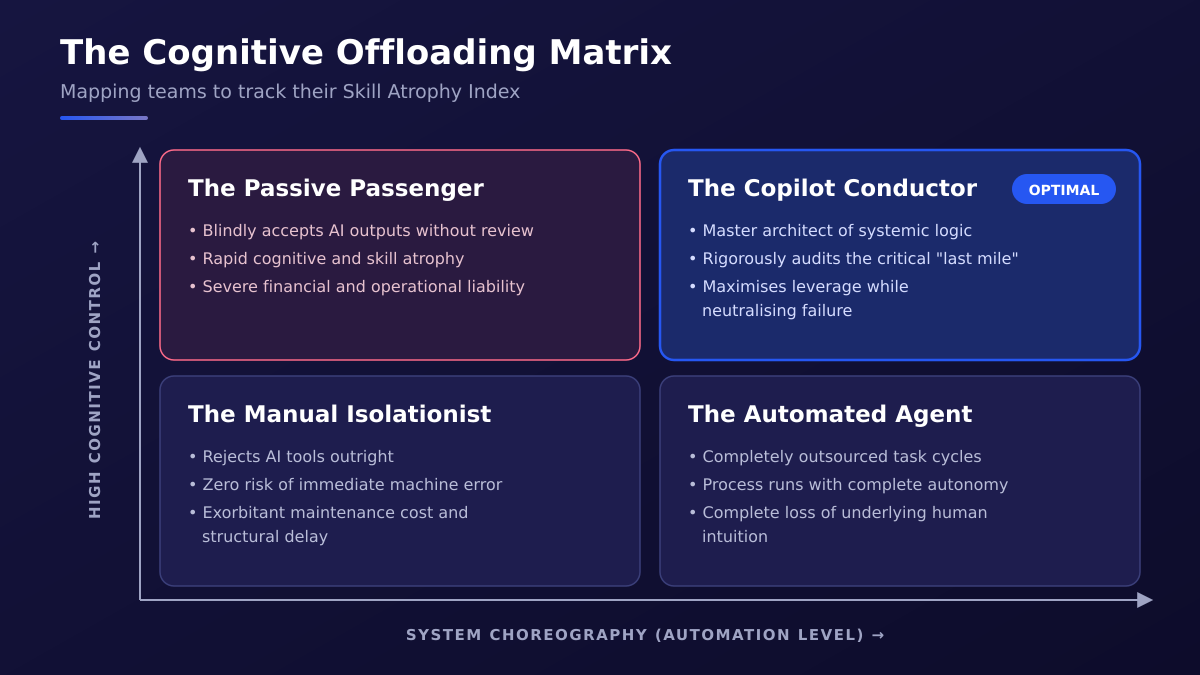 The Cognitive Offloading Matrix: the Passive Passenger, the Copilot Conductor (optimal), the Manual Isolationist and the Automated Agent, plotted by cognitive control and automation level