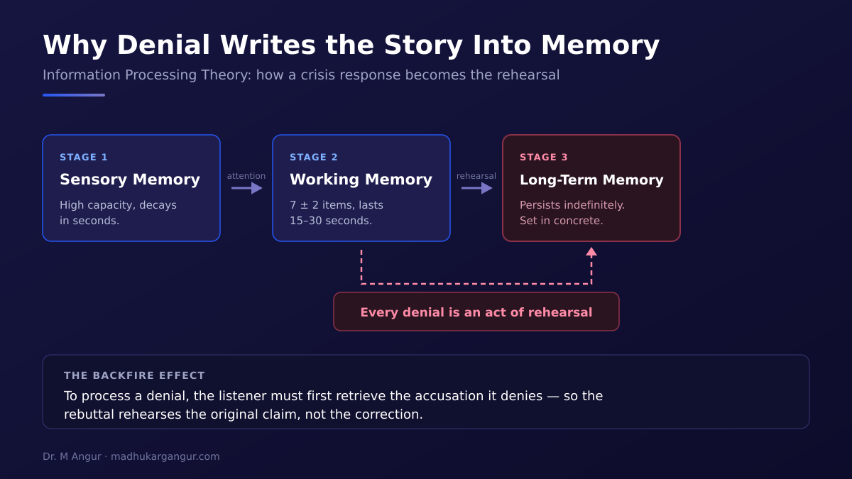 Diagram showing sensory memory, working memory and long-term memory, with a feedback loop showing that every denial acts as rehearsal