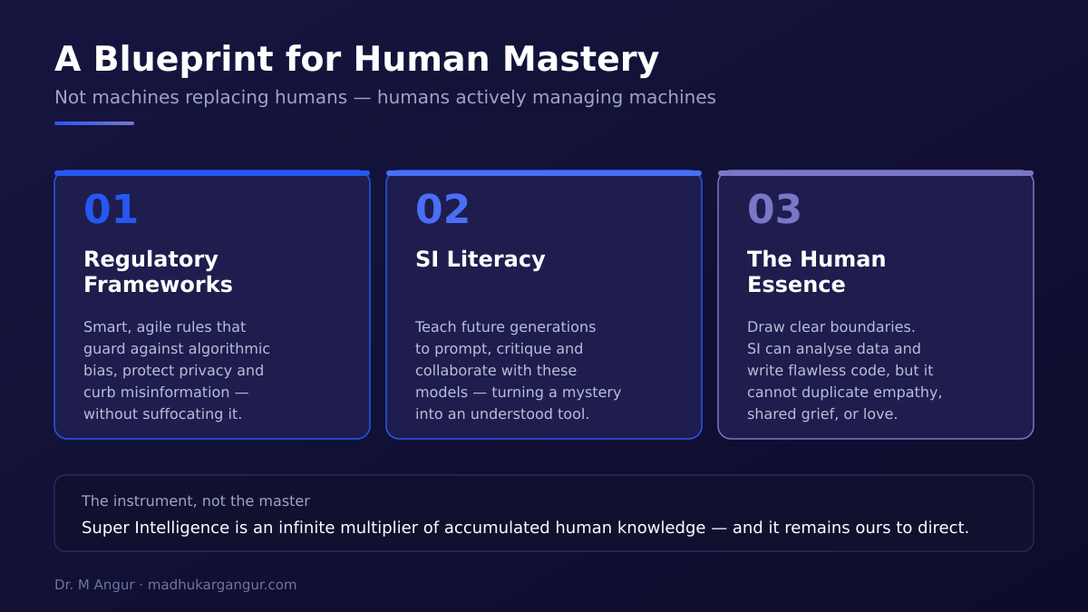Diagram of a three-part framework for managing super intelligence: robust regulatory frameworks, SI literacy in education, and preserving human emotional authenticity