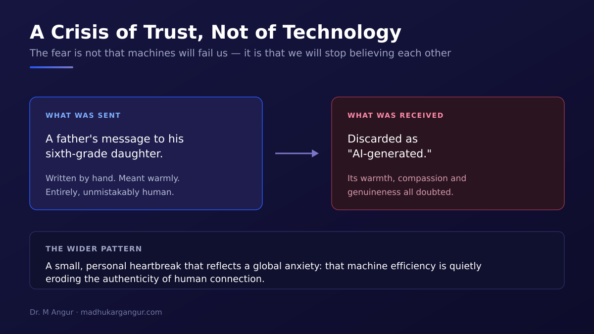 Diagram showing a father's handwritten message to his daughter being discarded as AI-generated, illustrating the global crisis of trust in authentic human connection